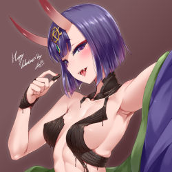 Rule 34 | 1girl, alternate breast size, arm up, armpits, bare shoulders, blush, breasts, brown background, chocolate, chocolate clothes, covered erect nipples, darkmaya, dated, eyeshadow, fangs, fate/grand order, fate (series), food, food as clothes, gem, half-closed eyes, happy valentine, headpiece, holding, holding food, horns, looking at viewer, makeup, medium breasts, melting, naughty face, oni, open mouth, purple eyes, purple hair, saliva, shiny skin, short hair, shuten douji (fate), sideboob, simple background, skin-covered horns, skindentation, solo, tongue, tongue out, upper body, valentine