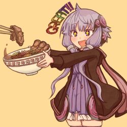 Rule 34 | + +, 1girl, :d, blush, chopsticks, commentary request, dress, drooling, english text, food, giving food, haiku kit, hair ornament, happy, highres, hood, jacket, long sleeves, noodles, open mouth, pork, purple dress, purple eyes, purple hair, ramen, short hair with long locks, sidelocks, simple background, smile, solo, thighhighs, twintails, vocaloid, voiceroid, yuzuki yukari