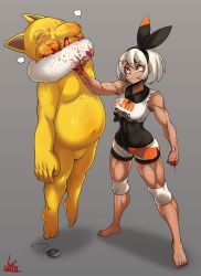Rule 34 | 1girl, 1other, absurdres, alternate eye color, barefoot, bea (pokemon), big belly, black bodysuit, blood, blood on face, blood on hands, bodysuit, bodysuit under clothes, breasts, clenched hand, commentary request, creatures (company), crop top, dark-skinned female, dark skin, fat, fat man, game freak, gen 1 pokemon, glowing, glowing eyes, good end, grey background, gym leader, highres, hypno, jmg, knee pads, lifting person, medium breasts, muscular, muscular female, nintendo, no gloves, pokemon, pokemon (creature), pokemon swsh, print shorts, red eyes, role reversal, scar, short hair, shorts, silver hair, simple background, thick thighs, thighs, toes, veins