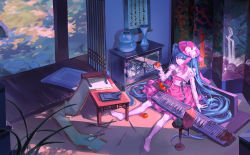 Rule 34 | 1girl, absurdres, blue eyes, blue hair, cabinet, calligraphy brush, chin strap, couch, cushion, flower, folding screen, food, fruit, hanbok, hanging scroll, hat, hat flower, hatsune miku, highres, holding, holding food, holding fruit, indoors, ink, ink blender, inkstick, inkstone, instrument, jewelry, korean clothes, koto (instrument), lantern, long hair, long sleeves, looking at viewer, no shoes, on floor, paintbrush, painting (object), pantyhose, persimmon, pink hat, scroll, solo, sunlight, table, twice12314, twintails, vase, veranda, very long hair, vocaloid, white flower, white pantyhose