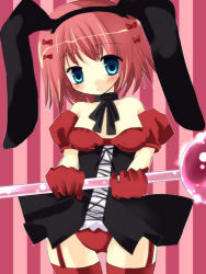 Rule 34 | 1girl, animal ears, bare shoulders, blue eyes, blush, choker, gloves, lowres, magical girl, original, pink background, rabbit ears, red gloves, red hair, red thighhighs, short hair, solo, staff, striped, striped background, thighhighs, vertical stripes, yuka (amm.holy.jp)