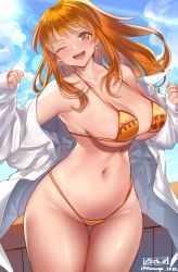 Rule 34 | 1girl, ;d, aonaga heri, bikini, blue sky, breasts, brown eyes, cleavage, collared shirt, commission, earrings, gluteal fold, groin, highleg, highleg bikini, jewelry, large breasts, long hair, long sleeves, looking at viewer, nami (one piece), navel, one eye closed, one piece, open clothes, open mouth, open shirt, orange bikini, orange hair, shirt, skeb commission, sky, smile, solo, sunlight, swimsuit, teeth, thighs, upper teeth only, white shirt, wooden railing