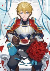 Rule 34 | 1boy, armor, balloon, black pants, blonde hair, blue eyes, blue ribbon, bouquet, box, breastplate, brown gloves, cake, cape, confetti, copyright notice, ex albio, feet out of frame, flower, food, fork, fruit, gift, gift bag, gift box, gloves, hair between eyes, holding, holding fork, holding plate, looking at viewer, male focus, nijisanji, official art, pants, plate, red cape, red flower, red rose, ribbon, rose, sakusya2honda, sample watermark, short hair, shoulder armor, sitting, smile, solo, straight-on, strawberry, streamers, virtual youtuber, watermark