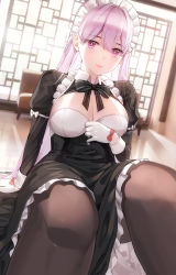 Rule 34 | 1girl, black pantyhose, breasts, cleavage, cleavage cutout, clothing cutout, gloves, highres, indoors, kfr, long hair, long sleeves, looking at viewer, maid headdress, medium breasts, original, pantyhose, pink eyes, pink hair, puffy long sleeves, puffy sleeves, sitting, solo, white gloves