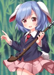 Rule 34 | 1girl, animal ears, bamboo, bamboo forest, blue hair, blue jacket, blurry, blurry background, blush, breasts, brown eyes, buttons, collared jacket, collared shirt, eyes visible through hair, forest, gun, hair between eyes, hands up, highres, jacket, leaf, long sleeves, looking at viewer, medium breasts, miniskirt, nature, necktie, one-hour drawing challenge, open mouth, pink skirt, pointing, rabbit ears, rabbit tail, red necktie, reisen (touhou bougetsushou), ruu (tksymkw), shirt, short hair, skirt, smile, solo, standing, tail, tongue, touhou, weapon, white shirt