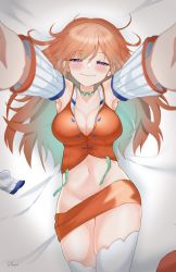 Rule 34 | 1girl, armpits, bed, breasts, cleavage, crop top, detached sleeves, foreshortening, green hair, highres, hololive, hololive english, long hair, looking at viewer, lying, medium breasts, midriff, miniskirt, multicolored hair, navel, on back, orange hair, outstretched arms, purple eyes, shunnukiki, skirt, smile, solo, takanashi kiara, thighhighs, two-tone hair, virtual youtuber, white thighhighs, zettai ryouiki