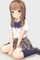 Rule 34 | 1girl, black footwear, blonde hair, blue bow, blue bowtie, blue eyes, blue socks, blush, bow, bowtie, flat chest, grey background, highres, loafers, long hair, looking at viewer, original, pleated skirt, school uniform, shadow, shimamuucho, shirt, shoes, short sleeves, simple background, sitting, skirt, smile, socks, solo, wariza, white shirt, wing collar