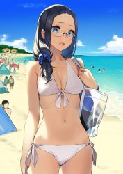 Rule 34 | 1girl, 92m, bag, beach, bikini, commentary request, crowd, dateko (92m), front-tie bikini top, front-tie top, glasses, highres, holding, holding bag, house, midriff, navel, open mouth, original, ponytail, scrunchie, side ponytail, sky, solo focus, swimsuit, tent, tree, vegetation, white bikini