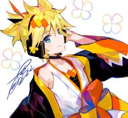 Rule 34 | 1boy, blonde hair, cherry blossom print, collarbone, commentary, floral print, fuzichoco, happi, headphones, highres, jacket, japanese clothes, kagamine len, kimono, looking at viewer, magical mirai (vocaloid), magical mirai len, male focus, open clothes, open jacket, short ponytail, sideways glance, signature, smile, solo, spiked hair, upper body, vocaloid, white background, white kimono, wide sleeves