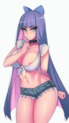 Rule 34 | 1girl, areola slip, blue eyes, breasts, colored inner hair, cowboy shot, finger to mouth, hair ribbon, hevn, large breasts, long hair, looking at viewer, midriff, multicolored hair, navel, no bra, open mouth, panty &amp; stocking with garterbelt, ribbon, shirt, short shorts, shorts, simple background, stocking (psg), stomach, two-tone hair, white background