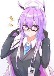 Rule 34 | 1girl, absurdres, black cardigan, black gloves, blue archive, blue necktie, blush, cardigan, glasses, gloves, halo, highres, jacket, jacket on shoulders, long hair, long sleeves, looking at viewer, multicolored clothes, multicolored gloves, muteppona hito, necktie, open clothes, open jacket, open mouth, purple eyes, purple hair, shirt, sidelocks, simple background, smile, solo, upper body, utaha (blue archive), white background, white jacket, white shirt