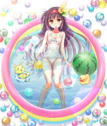 Rule 34 | 1girl, = =, ayumu (ayumumkrg), azuki (flower knight girl), bad id, bad pixiv id, ball, beachball, cat, flower, flower knight girl, food, full body, hair flower, hair ornament, hairband, long hair, looking at viewer, name tag, one-piece swimsuit, orange eyes, popsicle, purple hair, red hairband, rubber duck, signature, solo, swimsuit, wading pool, watermelon bar, watermelon beachball, white one-piece swimsuit