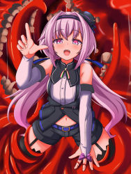 Rule 34 | .live, 1girl, black thighhighs, blush, carro pino, commentary request, detached sleeves, headband, highres, looking at viewer, monster, navel, open mouth, purple eyes, purple hair, shizukanahoshi, solo, teeth, tentacles, thighhighs, virtual youtuber