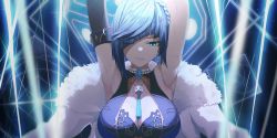 Rule 34 | 1girl, abstract background, armpits, bead choker, blue background, blue hair, bob cut, breasts, brooch, cleavage, collarbone, diagonal bangs, dice, dripping, elbow gloves, feather-trimmed jacket, feather collar, fur-trimmed jacket, fur trim, genshin impact, gloves, gwan-e, highres, jacket, jacket on shoulders, jewelry, large breasts, light rays, looking at viewer, medium breasts, mole, mole on breast, neck ring, neck tassel, one eye closed, parted lips, single elbow glove, smile, solo, tassel, tassel choker, upper body, wet, white jacket, yelan (genshin impact)