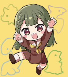 Rule 34 | 1girl, :d, arms up, blush stickers, braid, brown dress, brown footwear, center-flap bangs, chibi, chibi only, child&#039;s drawing, claw pose, commentary, dinosaur, dress, full body, green hair, hasu no sora school uniform, highres, kachimachi kosuzu, leg up, link! like! love live!, long hair, long sleeves, looking at viewer, love live!, massigura, medium dress, neckerchief, open mouth, pink eyes, pleated dress, rhinoceros, sailor collar, sailor dress, school uniform, side braids, smile, socks, solo, straight hair, teeth, upper teeth only, v-shaped eyebrows, virtual youtuber, white sailor collar, white socks, winter uniform, yellow background, yellow neckerchief