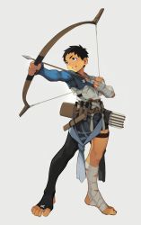 Rule 34 | 1boy, absurdres, aiming, archery, arrow (projectile), asymmetrical legwear, black hair, bow (weapon), draugnut, drawing bow, highres, holding, holding arrow, holding bow (weapon), holding weapon, igote, male focus, muscular, muscular male, original, outstretched arm, quiver, short hair, simple background, solo, thigh strap, weapon, white background
