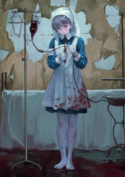 Rule 34 | 1girl, blood, blood bag, blood on clothes, blood on face, fkey, full body, gloves, grey hair, highres, holding, holding knife, knife, looking at viewer, no shoes, nurse, original, pantyhose, red eyes, solo, veil, white gloves, white pantyhose