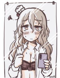 Rule 34 | 1girl, black bra, bra, breasts, brown eyes, cellphone, cleavage, collared shirt, dress shirt, grey hair, hat, highres, kantai collection, medium breasts, messy hair, mini hat, mirror, open clothes, open shirt, phone, pola (kancolle), reflection, shirt, solo, tatahai, thick eyebrows, underwear, wavy hair, white hat, white shirt