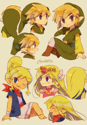Rule 34 | 1boy, 2girls, :d, ^ ^, artist name, bandaged arm, bandages, bandana, belt, black eyes, blonde hair, blue eyes, blue jacket, blush, boots, brown belt, brown footwear, closed eyes, closed mouth, commentary request, cropped shoulders, dress, facing away, gem, green headwear, green shirt, green tunic, grey background, hair between eyes, hair down, hair ornament, hand up, hat, highres, jacket, jewelry, link, long hair, long sleeves, looking at viewer, looking away, looking to the side, multiple girls, multiple views, necklace, nintendo, open clothes, open jacket, open mouth, pink dress, pink gemstone, pointy ears, princess zelda, profile, purple shirt, red bandana, red sash, sash, shirt, short hair, short sleeves, shorts, sidelocks, simple background, sitting, smile, tan, tetra, the legend of zelda, the legend of zelda: the wind waker, tiara, tokuura, toon link, toon zelda, tunic, twitter username, upper body, v-shaped eyebrows, white shorts