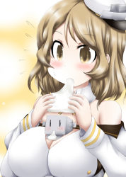 Rule 34 | 1girl, 1other, bare shoulders, breasts, brown eyes, brown hair, cleavage, eating, food, hat, headgear, houston (kancolle), kantai collection, large breasts, long sleeves, military, military uniform, mochi, ouno (nounai disintegration), peaked cap, short hair, sitting on breasts, solo, uniform, upper body, white hat