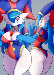 Rule 34 | 1girl, absurdres, alternate color, ass, blue eyes, blue hair, blue skin, blush, blush stickers, breasts, cleavage, closed mouth, colored skin, cosplay, cowboy shot, creatures (company), curvy, female focus, from behind, game freak, gardevoir, gen 3 pokemon, grey background, hair over one eye, hands up, hat, highleg, highleg leotard, highres, jester cap, large breasts, leotard, long hair, looking at viewer, looking back, lucyfer, multicolored eyes, multicolored skin, multiple views, nintendo, one eye covered, pokemon, pokemon (creature), pomni (the amazing digital circus), pomni (the amazing digital circus) (cosplay), puffy short sleeves, puffy sleeves, raised eyebrows, red eyes, shiny pokemon, shiny skin, short sleeves, simple background, split mouth, standing, the amazing digital circus, thick thighs, thighs, two-tone headwear, two-tone leotard, two-tone skin, white skin, wide-eyed, wide hips