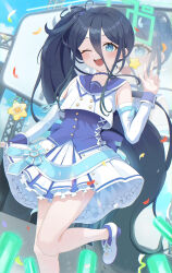 1girl absurdly_long_hair absurdres aqua_halo aris_(blue_archive) black_hair blue_archive blue_choker blue_corset blue_eyes blush choker commentary corset engineering_department_(blue_archive) hair_between_eyes hairband halo highres hiko0303 idol idol_clothes long_hair long_hair_between_eyes looking_at_viewer mischievous_straight_uniform_(blue_archive) official_alternate_costume open_mouth pleated_skirt prefect_team_(blue_archive) rectangular_halo sailor_collar shirt skirt smile solo very_long_hair white_shirt white_skirt