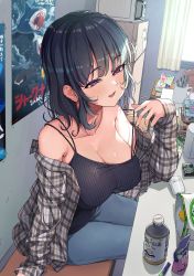 Rule 34 | 1girl, absurdres, bag of chips, bottle, bra strap, breasts, chips (food), cleavage, collarbone, commentary request, curtains, denim, downblouse, flannel, food, highres, indoors, ishizaka ryuudai, jeans, large breasts, microwave, milk tea, open mouth, original, pants, plaid, plaid shirt, poster (object), potato chips, purple eyes, refrigerator, shirt, short hair, sitting, snack, speech bubble, strap pull, sunlight, tank top, textless version, window