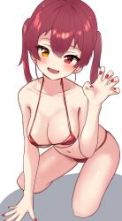 Rule 34 | 1girl, :d, absurdres, bikini, blush, breasts, cleavage, heterochromia, highres, hololive, houshou marine, kneeling, looking at viewer, medium breasts, micro bikini, navel, open mouth, purple hair, red bikini, red eyes, red nails, smile, solo, swimsuit, taachika, twintails, virtual youtuber, yellow eyes