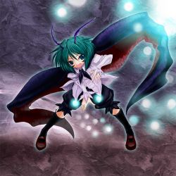 1girl antennae cape female_focus full_body gradient_background green_eyes green_hair madara_inosuke matching_hair/eyes simple_background solo touhou wriggle_nightbug