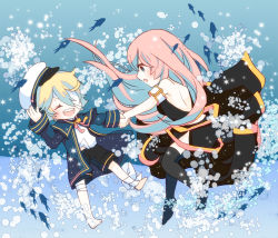 Rule 34 | 1boy, 1girl, bandages, blonde hair, bubble, chibi, fish, holding hands, hat, hetero, long hair, megurine luka, miza-sore, oliver (vocaloid), open mouth, pink hair, sailor hat, short hair, shorts, smile, thighhighs, underwater, vocaloid
