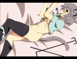 Rule 34 | 1girl, animal ears, bespectacled, black thighhighs, bottomless, breasts, capelet, cleavage, cosplay, dowsing rod, female focus, glasses, grey hair, jewelry, lying, mouse ears, mouse tail, nazrin, no panties, panties, panties around leg, pendant, red eyes, shawl, shin&#039;ya (nanp), solo, tail, thighhighs, tongue, touhou, underwear