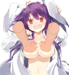 Rule 34 | 1boy, 1girl, @ @, bad id, bad pixiv id, blush, grabbing another&#039;s breast, breasts, collarbone, commentary request, full-face blush, grabbing, hands up, hetero, large breasts, long hair, looking at viewer, molestation, naked shirt, navel, purple hair, red eyes, reisen udongein inaba, shirt, simple background, solo focus, suminagashi, tears, touhou, upper body, wavy mouth, white background, white shirt