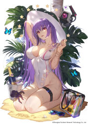 Rule 34 | 1girl, arm up, bag, bangle, bare shoulders, bottle, bracelet, breasts, bucket, bug, butterfly, cleavage, collarbone, covered navel, dinergate (girls&#039; frontline), unworn eyewear, girls&#039; frontline, groin, highleg, highleg swimsuit, highres, insect, jewelry, large breasts, long hair, looking at viewer, nail polish, octopus, official alternate costume, official art, one-piece swimsuit, parted lips, plant, purple hair, purple nails, red eyes, sand, shell, solo, star cutout, sunglasses, sunglasses removed, swimsuit, thigh strap, thighs, very long hair, watermark, wet, white one-piece swimsuit, whoisshe, zb-26 (girls&#039; frontline), zb-26 (nook of ephemeral dreams) (girls&#039; frontline)
