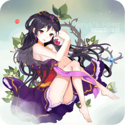 00s 1girl barefoot black_hair dungeon_and_fighter female_focus flower legs lips long_hair mallory nail_polish purple_eyes smile solo thorns toenail_polish toenails