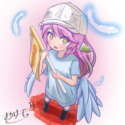 Rule 34 | 10s, 1girl, aged down, angel wings, artist request, blue shirt, boots, commentary request, cosplay, cross, feathered wings, feathers, flag, flat cap, hat, hataraku saibou, highres, holding, holding flag, jibril (no game no life), long hair, looking at viewer, low wings, multicolored eyes, multicolored hair, no game no life, open mouth, orange eyes, pink hair, platelet (hataraku saibou), platelet (hataraku saibou) (cosplay), shirt, short sleeves, shorts, solo, standing, symbol-shaped pupils, white hat, wing ears, wings, yellow eyes