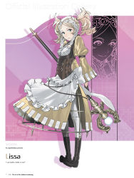 Rule 34 | 1girl, absurdres, apron, arms behind back, blonde hair, blue eyes, boots, brown footwear, character name, closed mouth, corset, dress, fire emblem, fire emblem awakening, frills, full body, highres, holding, kozaki yuusuke, lips, lissa (fire emblem), nintendo, official art, page number, parted bangs, puffy sleeves, simple background, solo, staff, standing, transparent background, twintails, underbust, waist apron, white legwear, wide sleeves