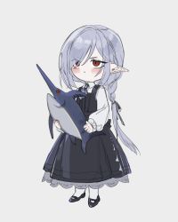 Rule 34 | 1girl, a9712mob, aged down, arknights, black dress, black footwear, blue hair, braid, closed mouth, collared shirt, commentary, dress, eyes visible through hair, fish, frilled dress, frills, frown, full body, gladiia (arknights), grey hair, hair over one eye, highres, holding, long hair, mary janes, necktie, pointy ears, red eyes, shirt, shoes, simple background, slit pupils, solo, stuffed toy, swordfish, upset, v, white background, white legwear, white shirt, white sleeves