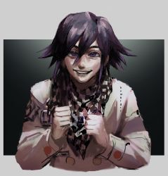 Rule 34 | 1boy, artist name, checkered clothes, checkered scarf, clenched hand, clenched hands, danganronpa (series), danganronpa v3: killing harmony, eyebrows, facing viewer, highres, hvmbrgrr, jacket, long sleeves, looking at viewer, open mouth, oma kokichi, purple eyes, purple hair, realistic, scarf, sleeve cuffs, smile, teeth, white jacket