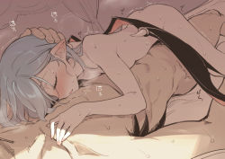 Rule 34 | 1boy, 1girl, ass, asutora, bat wings, blue hair, blush, breasts, commentary request, completely nude, closed eyes, fingernails, girl on top, hand on another&#039;s head, heavy breathing, jewelry, nude, pointy ears, remilia scarlet, ring, saliva, sex, short hair, small breasts, solo focus, sweat, touhou, trembling, wings