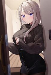 Rule 34 | 1girl, :o, belt buckle, black pantyhose, black skirt, black sweater, blue eyes, blurry, blush, breasts, buckle, buttons, chigusa minori, commentary request, cowboy shot, depth of field, door, door handle, grey hair, hair ornament, hairclip, high-waist skirt, highres, indoors, jewelry, large breasts, long hair, long sleeves, looking at viewer, necklace, pantyhose, parted lips, ribbed sweater, saotome shino (shino to ren), shino to ren, skirt, sleeves past wrists, solo, sweater