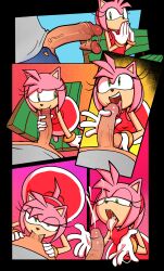 Rule 34 | 1boy, 1girl, afterimage, amy rose, animal nose, averting eyes, bare shoulders, black border, border, colored skin, comic, covering own mouth, cum, cum in mouth, cum on tongue, dress, ejaculation, erection, fellatio, filthypaladin, flat chest, from above, furry, furry female, furry with non-furry, green eyes, grey shirt, half-closed eyes, hands up, happy, hetero, highres, interspecies, licking, licking penis, looking at another, looking to the side, looking up, multicolored skin, multiple views, on bench, oral, outdoors, outside border, own hands together, penis, penis awe, penis out, pink hair, pink skin, pov, red dress, shirt, short hair, sidelocks, sitting, sleeveless, sleeveless dress, smile, sonic (series), teeth, tongue, tongue out, two-tone skin, veins, veiny penis