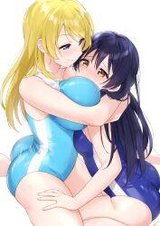 Rule 34 | 2girls, alternate breast size, ayase eli, between breasts, blonde hair, blue eyes, blue hair, blush, breasts, commentary request, competition swimsuit, face between breasts, face to breasts, head between breasts, highres, hug, large breasts, long hair, looking at another, love live!, love live! school idol project, medium breasts, multicolored clothes, multicolored swimsuit, multiple girls, nanatsu no umi, one-piece swimsuit, ponytail, simple background, smile, sonoda umi, swept bangs, swimsuit, white background, yellow eyes, yuri