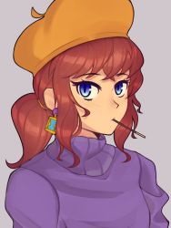 Rule 34 | 1girl, a hat in time, alternate costume, blue eyes, brown hair, closed mouth, earrings, fujimna, hat kid, highres, jewelry, looking at viewer, aged up, purple sweater, short ponytail, sidelocks, solo, sweater, turtleneck, turtleneck sweater, upper body