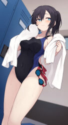 Rule 34 | 1girl, bad id, bad twitter id, black hair, black one-piece swimsuit, blue eyes, breasts, check commentary, commentary request, competition swimsuit, covered navel, feet out of frame, from below, goggles, unworn goggles, highres, locker, locker room, looking to the side, medium breasts, metaring, object in clothes, object in swimsuit, one-piece swimsuit, original, ponytail, short hair, solo, swimsuit, towel, two-tone swimsuit, wet