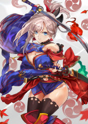 Rule 34 | 1girl, ass, blue eyes, breasts, detached sleeves, earrings, fate/grand order, fate (series), hair ornament, himuro shunsuke, japanese clothes, jewelry, katana, kimono, large breasts, looking at viewer, miyamoto musashi (fate), miyamoto musashi (third ascension) (fate), obi, ponytail, sash, smile, solo, sword, thighhighs, weapon