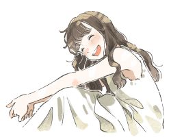 Rule 34 | 1girl, :d, ^ ^, blush, brown hair, closed eyes, dress, from side, highres, kana (okitasougo222), long hair, open mouth, original, own hands together, simple background, sitting, sleeveless, sleeveless dress, smile, solo, white background, white dress