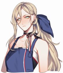 Rule 34 | 1girl, apron, bad id, bad twitter id, bare shoulders, blonde hair, blue apron, blue eyes, collarbone, dress, hair between eyes, highres, kantai collection, long hair, looking to the side, mole, mole under eye, mole under mouth, richelieu (kancolle), sideways glance, simple background, solo, strapless, strapless dress, su konbu, two-tone dress, upper body, white background