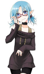 Rule 34 | 1girl, bike shorts, blue eyes, blue hair, blush, choker, face, glasses, halterneck, kaida michi, matching hair/eyes, original, pointy ears, red-framed eyewear, short twintails, simple background, solo, twintails
