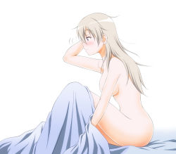 Rule 34 | 1girl, bed, bed sheet, blue eyes, blush, breasts, convenient arm, convenient censoring, eila ilmatar juutilainen, hiro yoshinaka, large breasts, long hair, messy hair, nude, on bed, open mouth, shiny skin, simple background, solo, strike witches, white background, white hair, world witches series