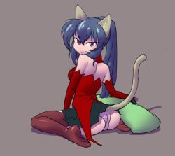 Rule 34 | &gt;:&lt;, 1girl, :&lt;, animal ears, ass, blue hair, breasts, cat ears, cat tail, closed mouth, dress, elbow gloves, formerly, gloves, long hair, medium breasts, noihara himari, omamori himari, panties, ponytail, purple eyes, red dress, red gloves, sitting, solo, tail, thighhighs, underwear, v-shaped eyebrows